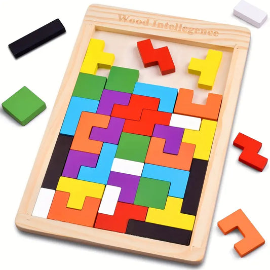 Buntes Holz-Tetris Puzzle – Lernspaß für kleine Entdecker!