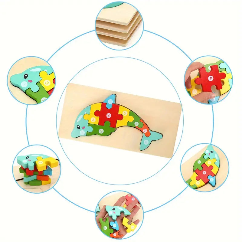 Bunter Lern-Delfin – Holzpuzzle mit Zahlen