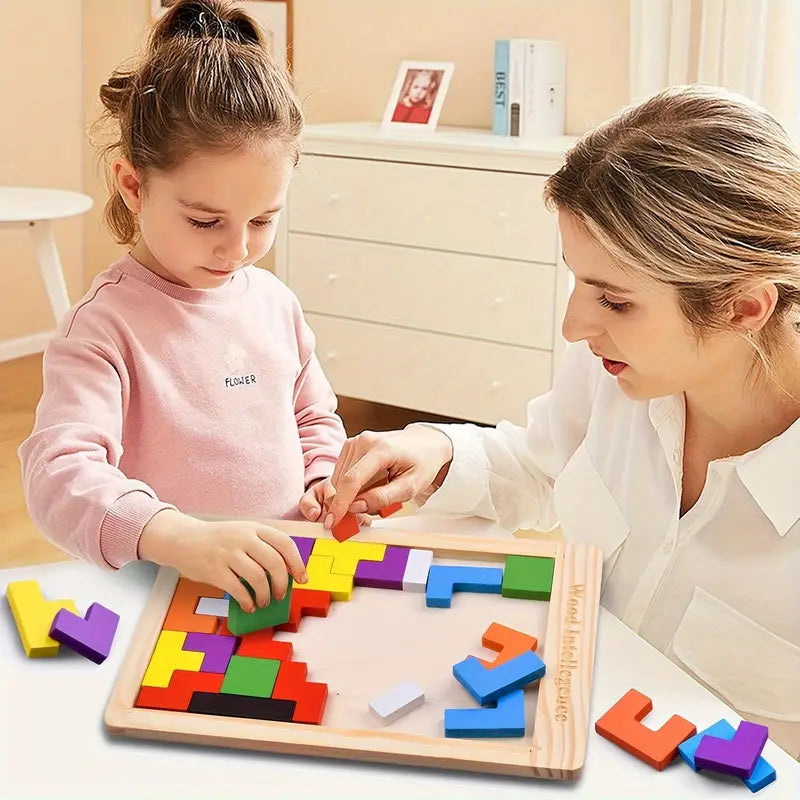 Buntes Holz-Tetris Puzzle – Lernspaß für kleine Entdecker!