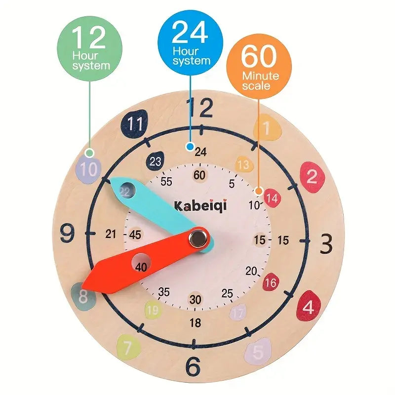 Lernuhr aus Holz für Kinder – Uhrzeit lernen mit 12h/24h-System & Minutenanzeige